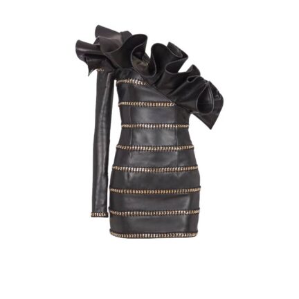 Asymmetric leather bodycon dress with chains