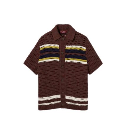 Crochet cotton knit polo shirt with stripes