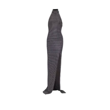 Long velvet halterneck dress with rhinestones