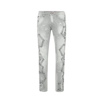 Denim Super Straight Cut Trousers Strass Chains