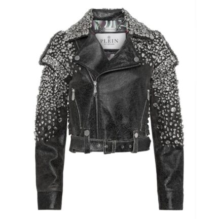 Leather Cropped Biker Jacket LS Strass