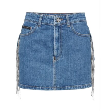 Denim Mini Skirt Crystal Fringes
