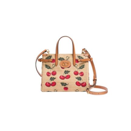 Valentino Garavani Antibes Small Shopping Bag In Jacquard Raffia With Cherryfic Pattern