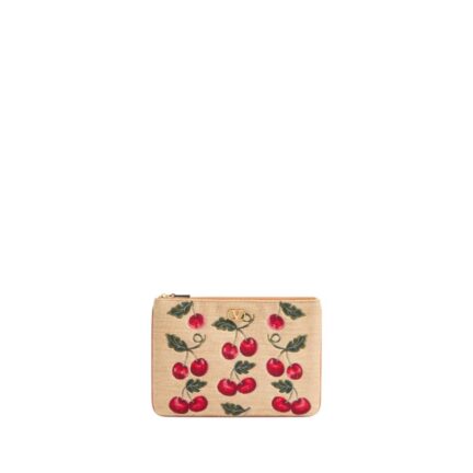 Vlogo Signature Pouch In Jacquard Raffia With Cherryfic Pattern
