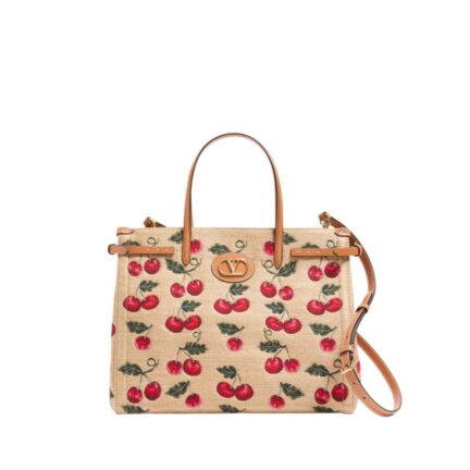 Valentino Garavani Antibes Medium Shopping Bag In Jacquard Raffia With Cherryfic Motif