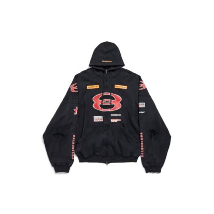 Men's Sponsor Logos Large Zip-up Hoodie in Black Faded