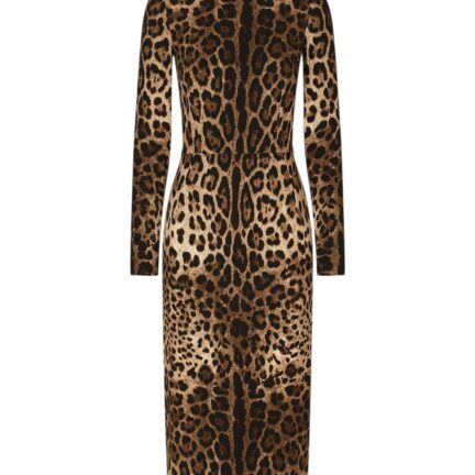 Leopard-print cady dress with long sleeves