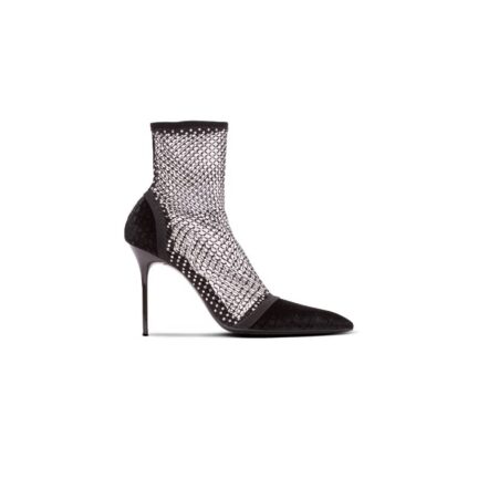 Mesh heeled ankle boots with velvet and rhinestones