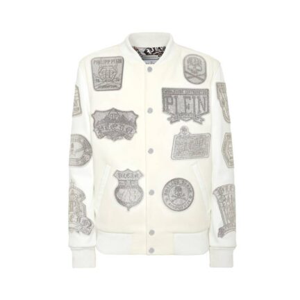 Crystal College Bomber With Leather Sleeves Patches