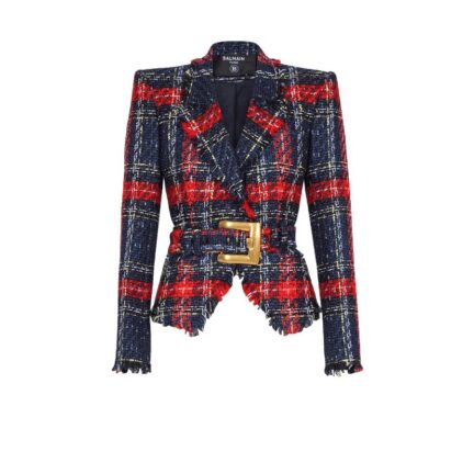 Belted plaid tweed jacket