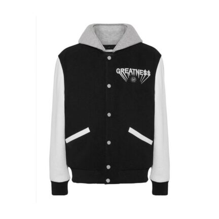 Hooded Varsity Bomber with Leather Sleeves Greatness