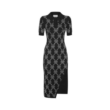 Knitted Strass Polo Dress With Padded Shoulders Monogram