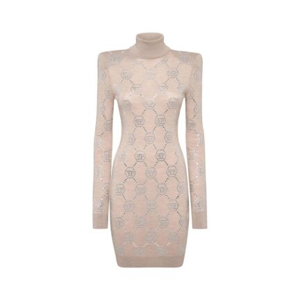 Knitted Strass Mini Dress With Padded Shoulders Monogram