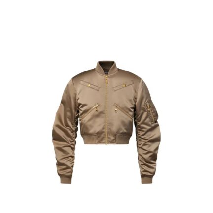 Cropped Ruched-Sleeve Bomber Jacket