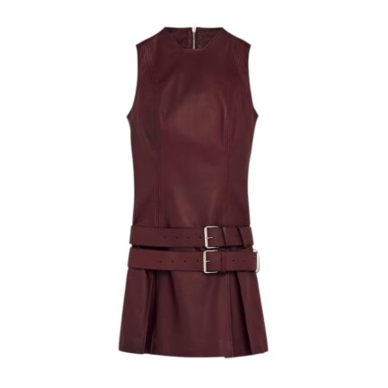 Women's Leather Double Belt Mini Dress in Dark Red