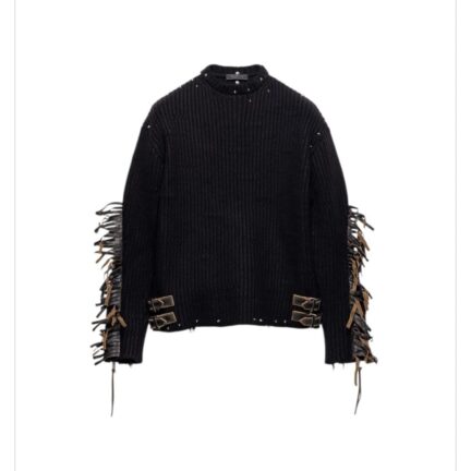 Wool crew-neck sweater with fringe and studs