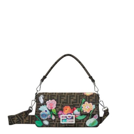 Baguette® Fantastic Fendi Future FF jacquard bag with multicolour floral appliqués