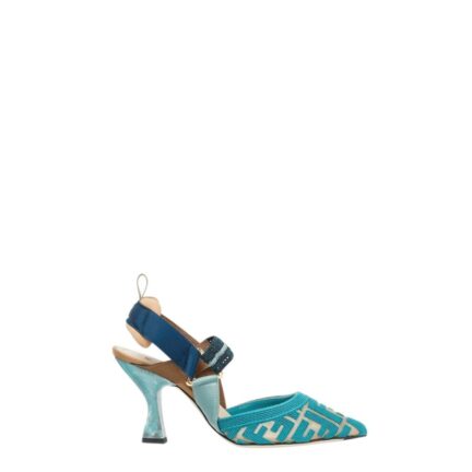 Light blue FF fabric high-heeled slingbacks