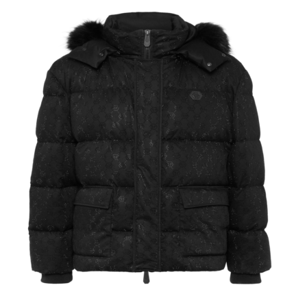 Mid Length Down Jacket with Fur Monogram Strass